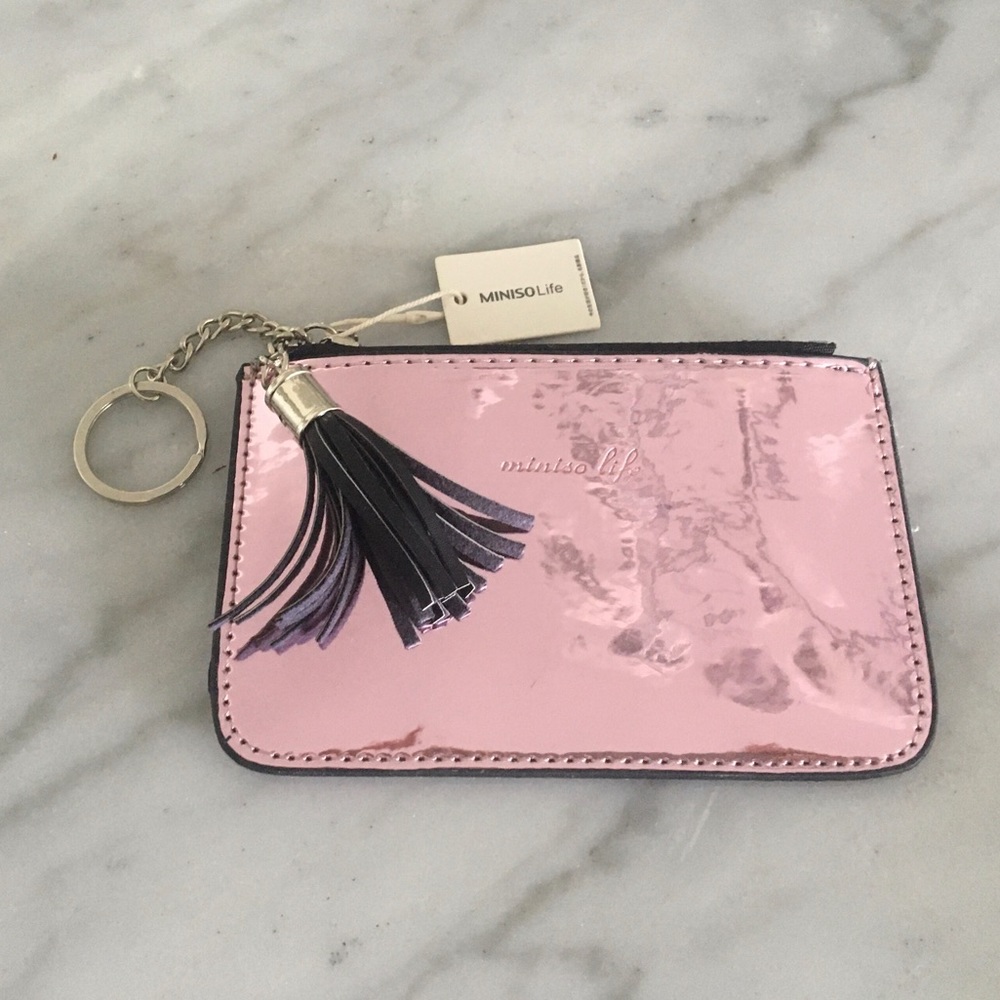 NEW w/tag: Shiny pink metallic mini-wallet w/zip, card pocket, key chain, tassel